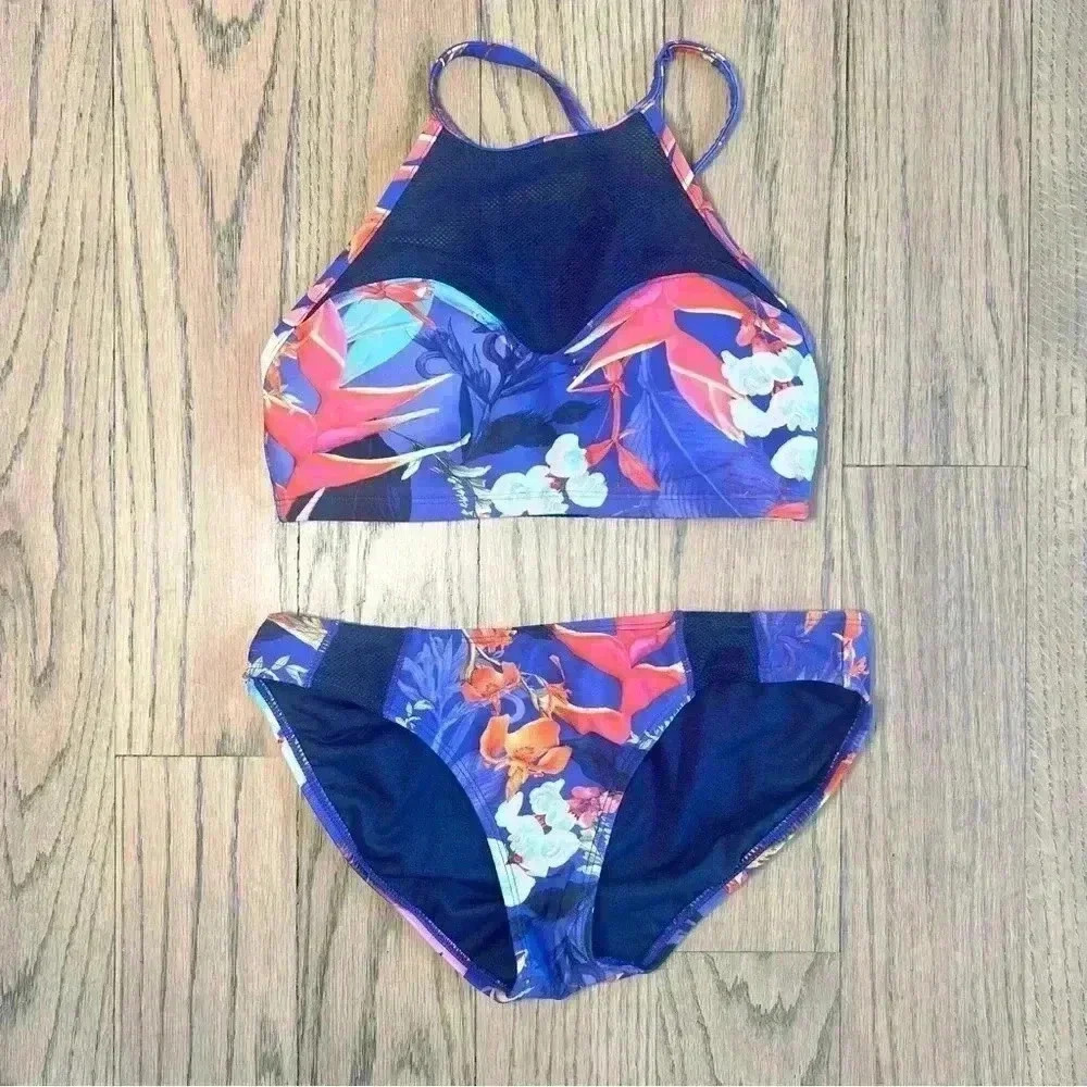 Athleta Swim Women’s 2-Piece Lucia Purple Floral Mesh Bikini Size Small
